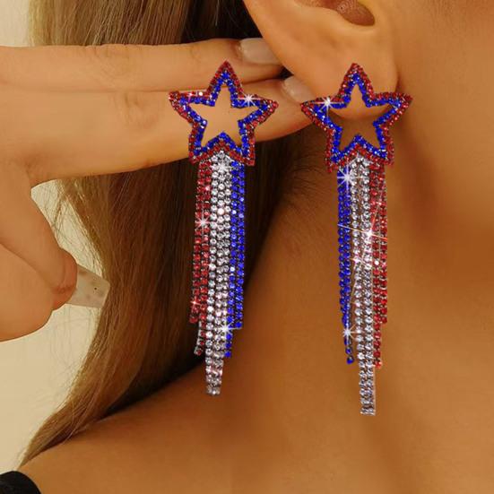 1 Paar Damen Quastenohrringe, Stern Ohrstecker Pave Hängeohrringe, Boho Wasserfall Perlenfransen Ohrringe, Amerikanische Flagge Ohrringe Schmuck Geschenk