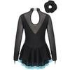 Girls Figure Skating Dance Costume Long Sleeve Rhinestone Patchwork Hollow Back Dress Hair Band