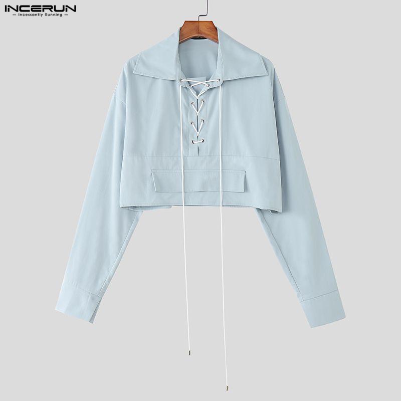 INCERUN Oversized Men Lapel Neck Long Sleeve Bandage Casual Loose Cropped Shirts