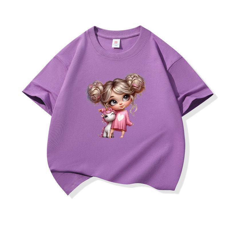 Kids Cotton T Shirt Charming Girl With Pink Unicorn Print Crew Neck Short Sleeve Tee Casual Boys Girls Summer Tops