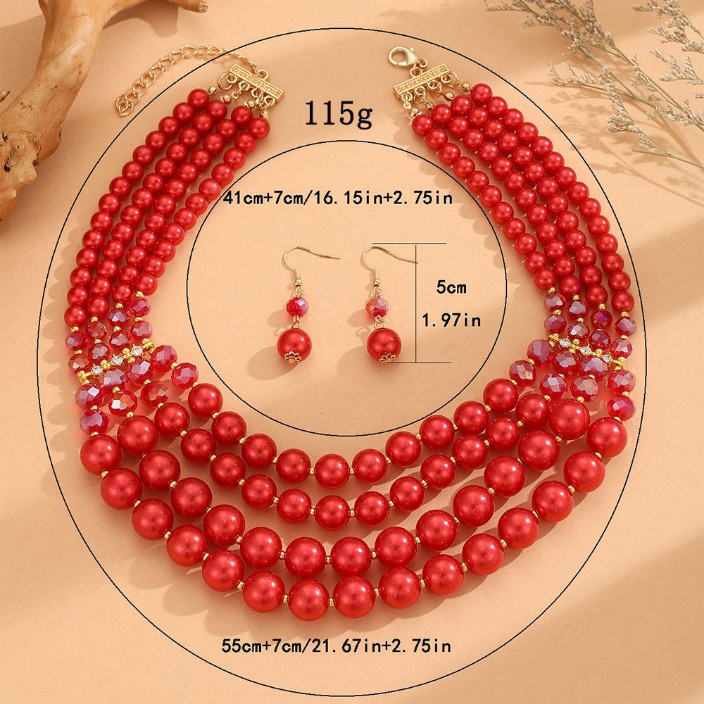 Multi-layer Handmade Imitation Pearl Crystal Beaded Necklace Earring Jewelry Set for Women Party Accessories