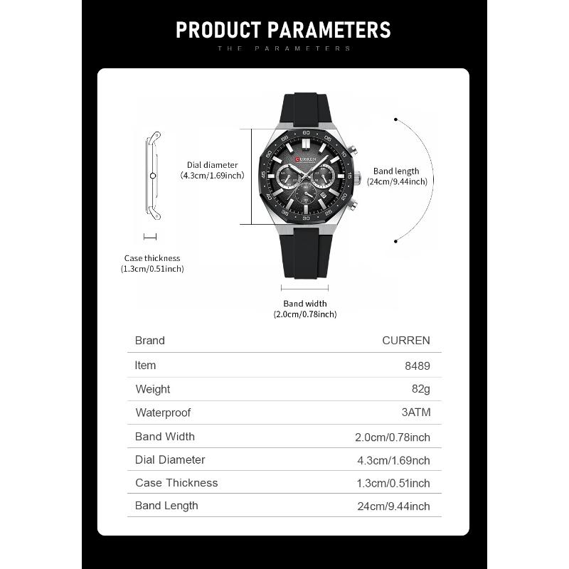 CURREN Men's Sports Chronograph Wristwatch with Black Silicone Band Auto Date Luminous Hands Quartz Watch for Men