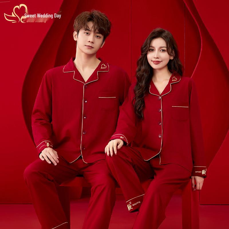 Joyful Together: Romantic Red Cotton Couple Pajamas - Wedding Festive, Comfortable and Long-Lasting.