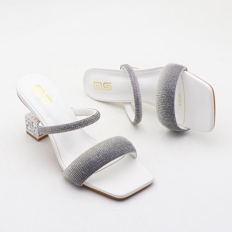 Fashion Fashion Women's Slippers 2024 New Summer Luxury Square Toe Rhinestone Shaped Heel High Heels Sandalias De Mujer Female Sandals