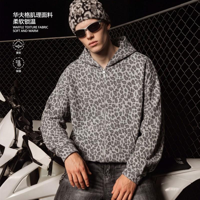 Oversized Hooded Zip-Up Sweatshirt With Leopard Print Waffle Texture Streetwear Women Men Winter