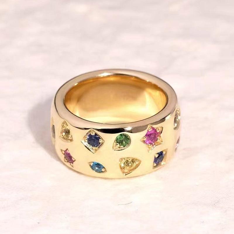 Double Row Colored Zircon Geometric Adjustable Ring - Retro  Versatile Fashion for Women Size 8