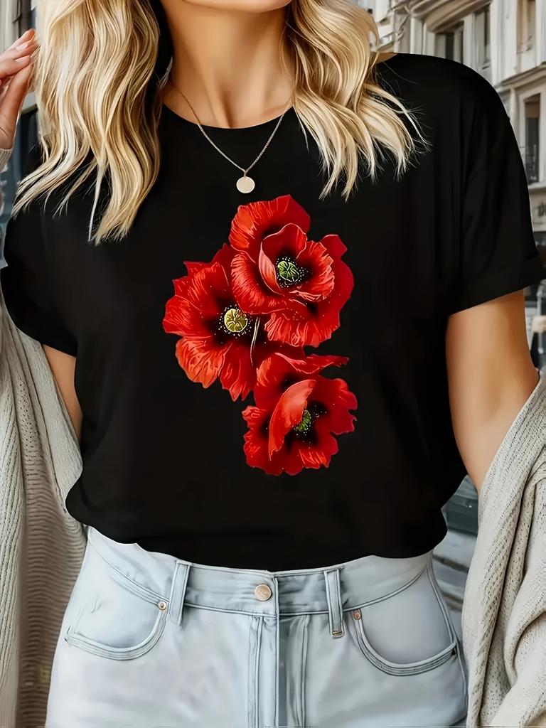 Red Poppy Floral Print T-shirt