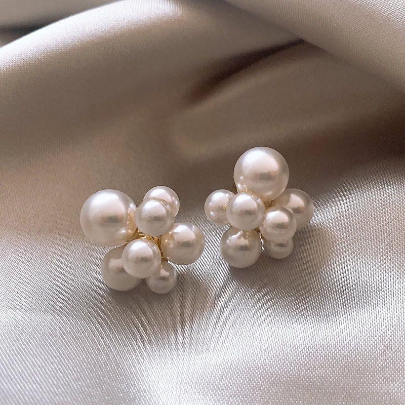 Imitation Pearl Flower Balloon Shaped Stud Earring for Women Korean Style Simple Geometry Zircon Brincos Girl Gift