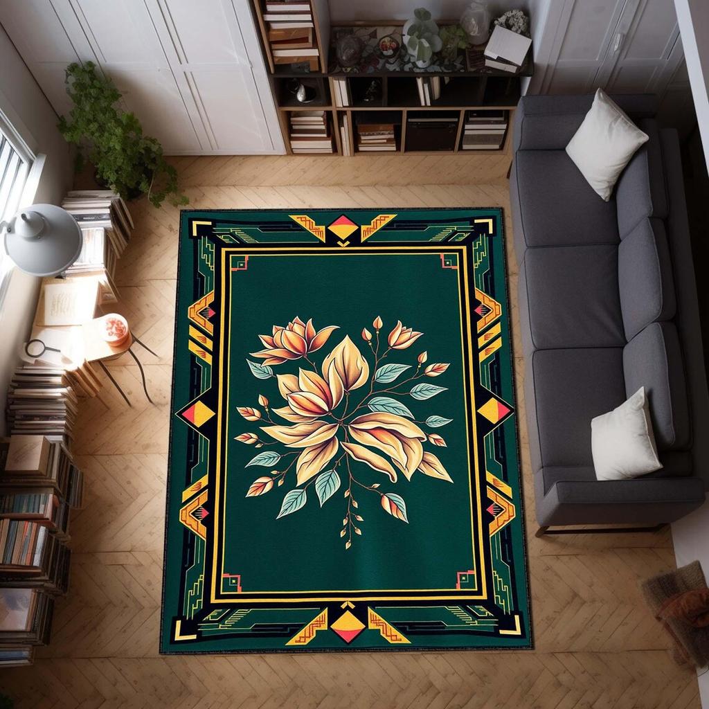 Elegant Art Deco Area Rug, Floral Luxury Carpet Vintage Floor Decor, Emerald Green Rug Modern Classic Home Office Design Rug