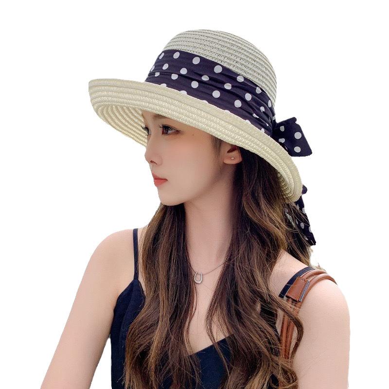Straw Hat Women's Summer French Elegant Polka Dot Bow Sun Hat Seaside Vacation Beach Sunscreen Basin Hat Bucket Hat