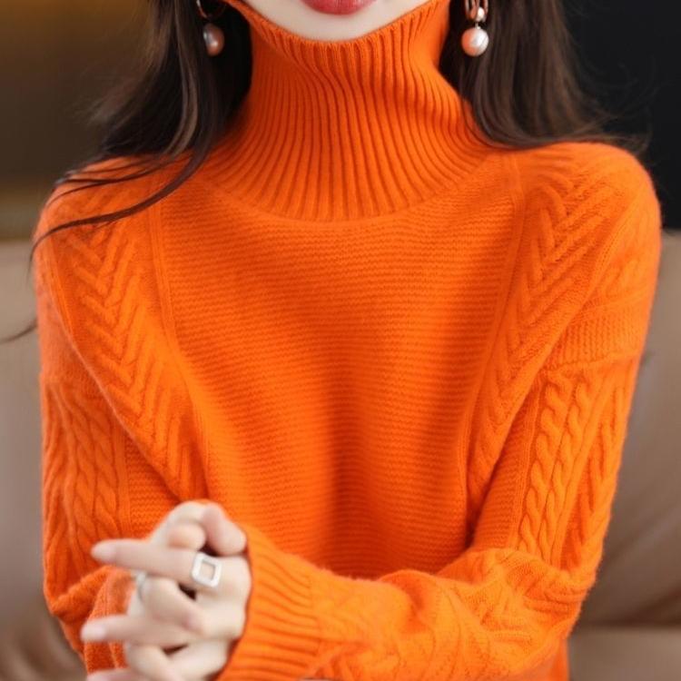 Jednobarevný svetr s rolákem Dámský volný svetr Univerzální pletená košile se spodním lemem na podzim a zimu