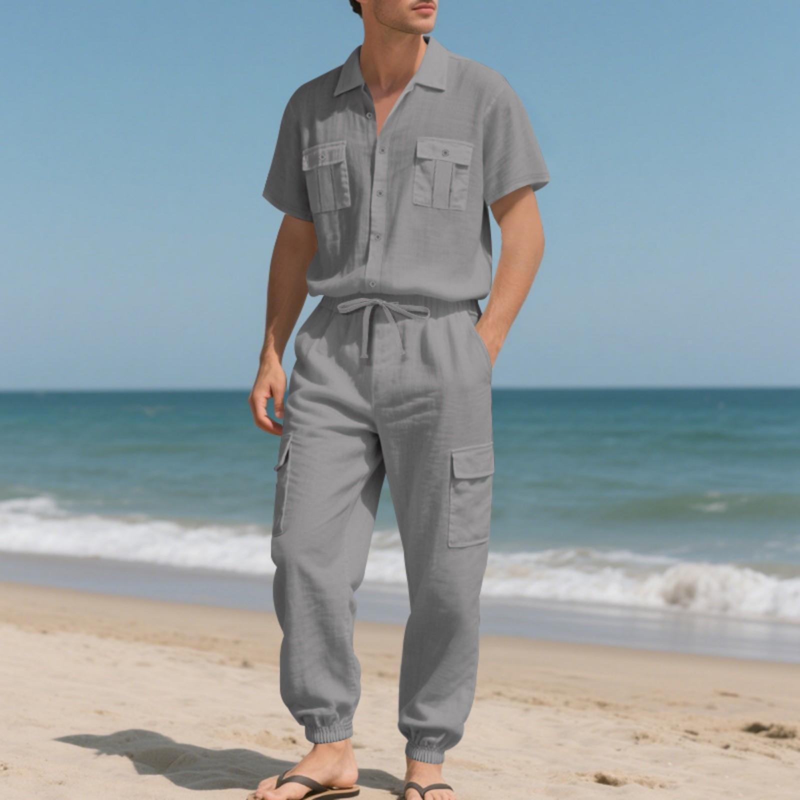 Men s Linen Workwear Set, Lapel Pocket Short-sleeved Button Shirt, Elastic Waist Tie, Loose Workwear Trousers, Two-piece Men s Comfortable Set XL