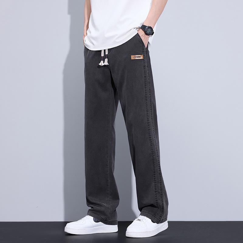 Men's Summer Tencel Jeans: Lightweight, Loose-Fit Straight-Leg Drawstring Sports Shorts, Trendy Workwear Casual Nine-Point Pants