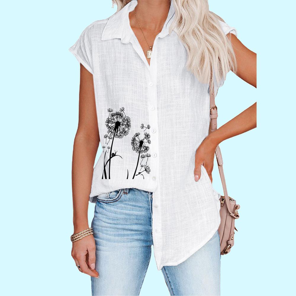 Women Fashion Sleeveless Shirt Spring/Summer Casual Print Top Ladies Thin Button-down Blouse