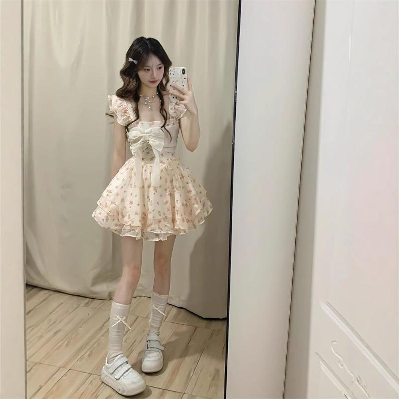 Summer New Floral Printed Bow Mini Dress Women Square Collar Fly Sleeve Sweet Vestido Women Slim A-line Robe
