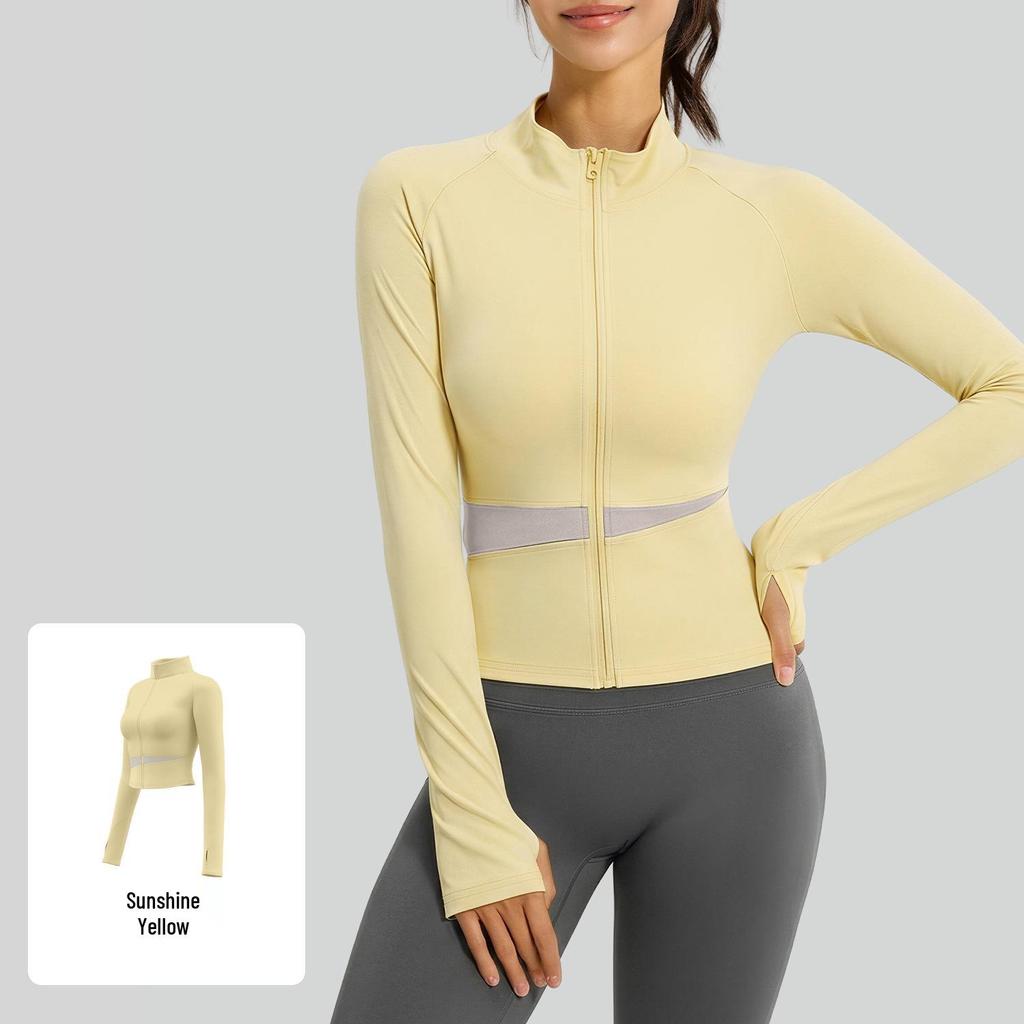 Juyitang Women's Slim Fit Long Yoga Jacket - Nude High Collar Fitness Top