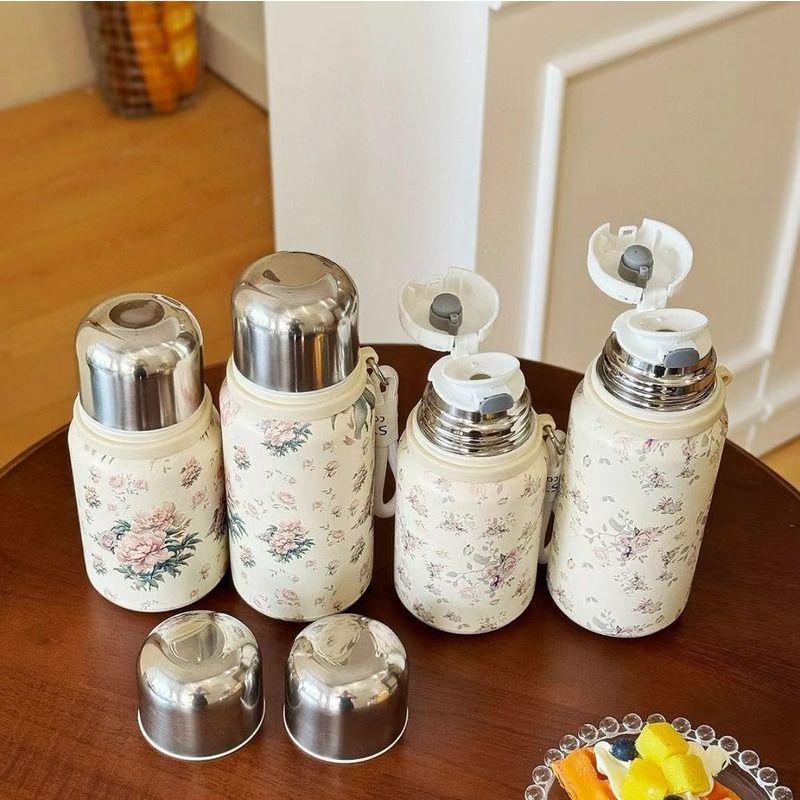 Large Capacity Rose Peony Retro Thermos Cup with Lanyard and Tea Separator