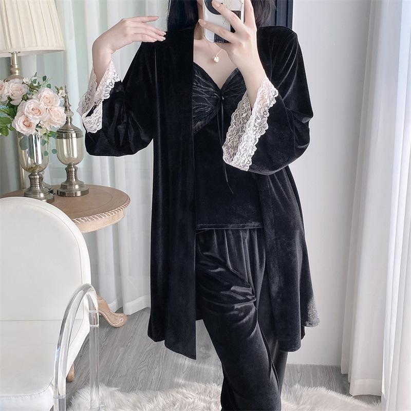 Autumn and winter golden velvet butterfly pajamas women's sexy suspender trousers robe three-piece bathrobe loungewear live broadcast