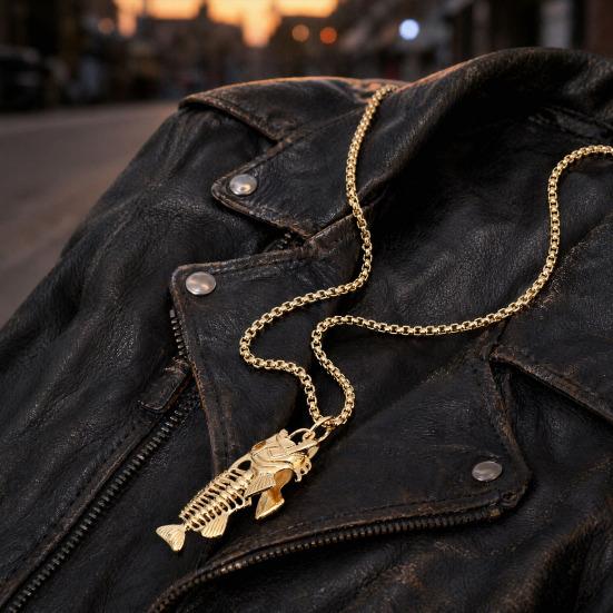 Fish Bone Necklace, Punk Street Style Hollow Fish Skeleton Pendant Design, Durable Alloy Chain for Women And Girls