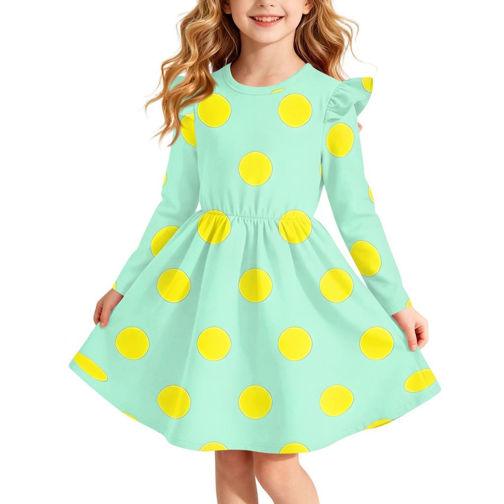 Girls Christmas Print Long Sleeve Dress with Sleeves for Holiday Party and