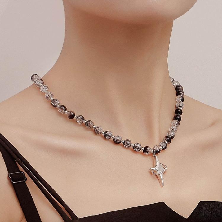 Vintage Beaded Crossed Star Necklace for Women Fashion Aesthetic Y2k Jewelry