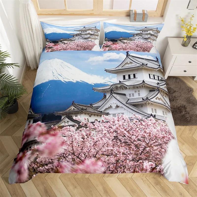 Cherry Blossoms Bedding Set Landscape Painting Duvet Cover Set Japanese Style Comforter Cover Polyester Abstract Art Quilt Cover