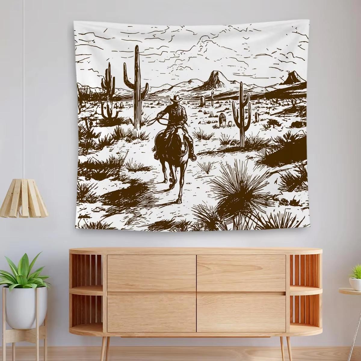 Vintage Western Cowboy Riding Horse Tapestry, Retro Desert Cactus Landscape Wall Hanging For Living Room Rustic Wild West Decor 40X60cm