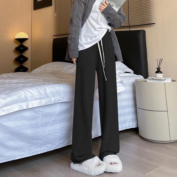 

Solid Color High Waist Wide-Leg Pants - Women s Spring/Autumn Drawstring Floor-Length Straight Trousers S чёрный