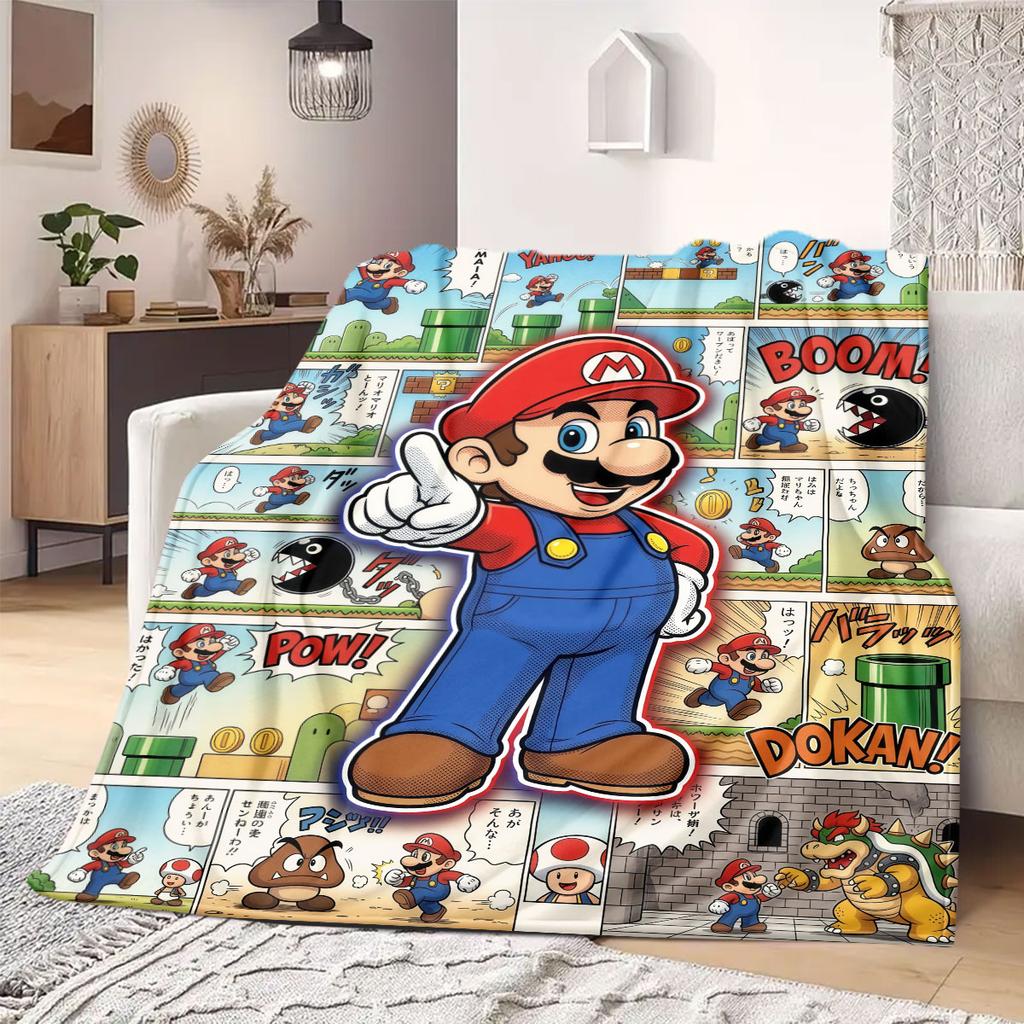 Super Mario Classic 2D Cartoon Flannel Blanket, Printed Pattern for Sofa Bed, Warm Picnic Travel Throw_LIAN