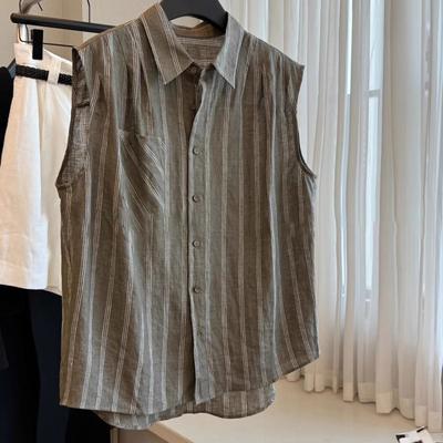 Blouse en satin pour femme, rayée marron, sans manches, à col, boutonnée sur le devant, ample