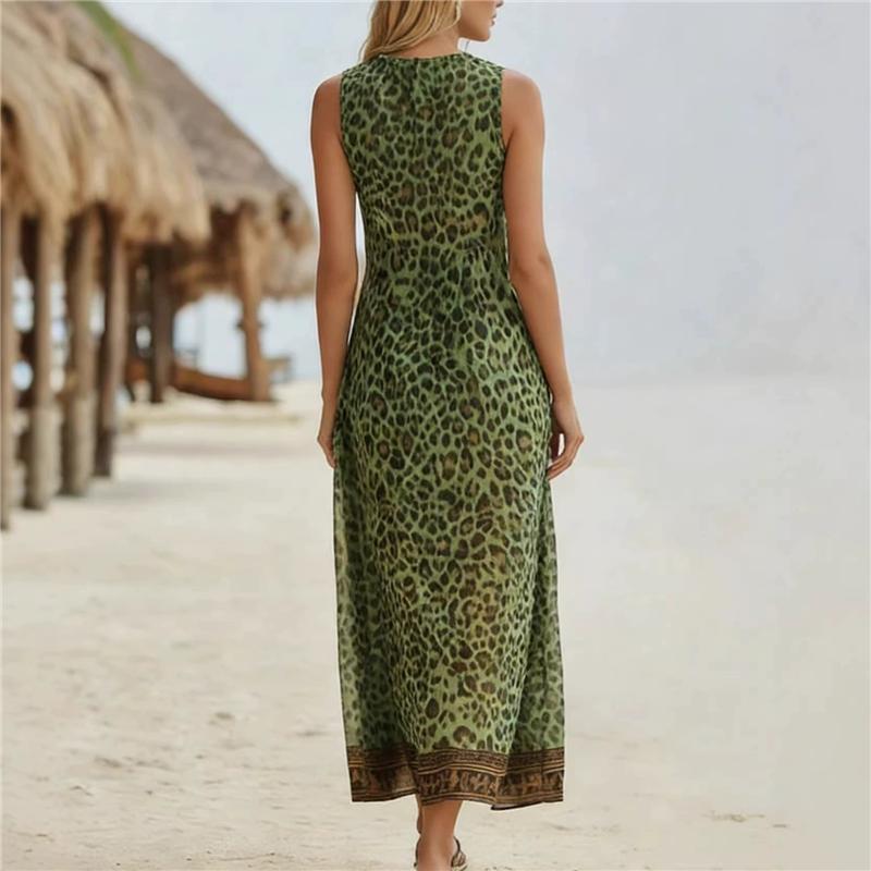 Summer Women's Bohemian Leopard Print Maxi Dress V-Neck Sleeveless Spaghetti Strap Long Dress Casual Loose Flowy Beach Dress
