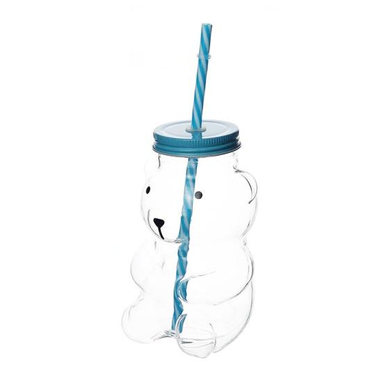Bear Glass Cup with Spill-Proof Lid And Straw Cute Bear Tumbler for Smoothies Coffee Juice Thick Glass Mug for Home Office Travel