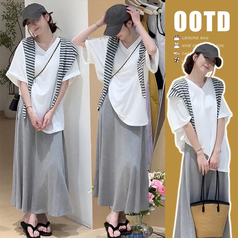 2026 Summer Maternity Set: Casual T-shirt, Shawl & Skirt M