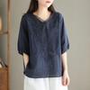 Camicia Estiva Leggera in Cotone e Lino da Donna a Manica Media Ricamata Larga Casual Stile Vintage Decorazione Floreale