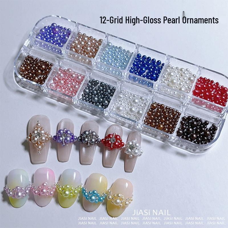 Christmas 12-Grid Mixed Color Pearl Nail Art High-Gloss 3D Beads Decorations