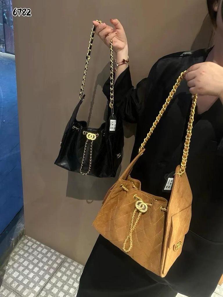 Women's Genuine Leather Hobo Bag - Caviar Grain, Suede, Diamond Pattern, Chain Drawstring