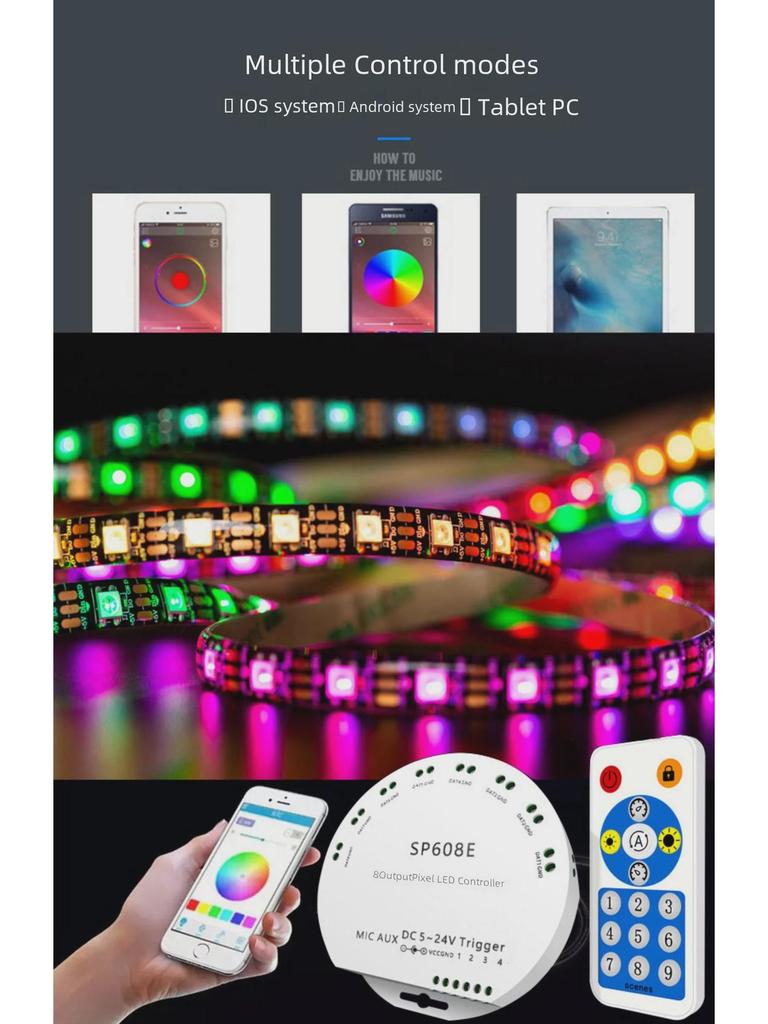 SP608E Mehrfarben-Lichtleisten-Controller: Bluetooth mit 8 unabhängigen Kanälen, kompatibel mit mobiler App, intelligente Fernbedienung.