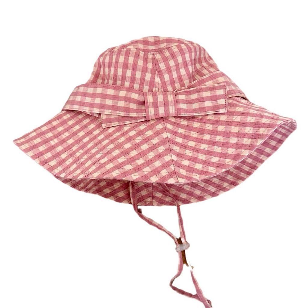 Japanese Style Women's Sun Protection Plaid Hat with Butterfly Knot - Wide Brim for a Slimmer Look