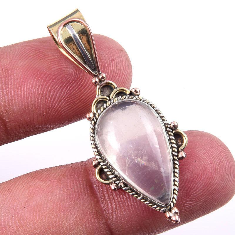 

Natural Rose Quartz 925 Solid Sterling Silver Jewelry TwoTone Pendant 1.50 O7R12