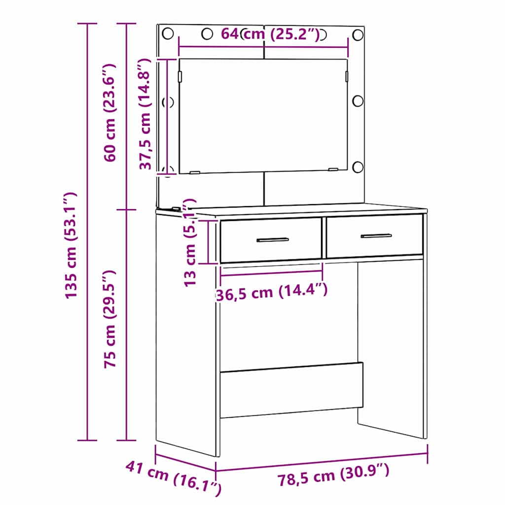 Makeup Table with Mirror Lighting 2 pcs Grey Particleboard