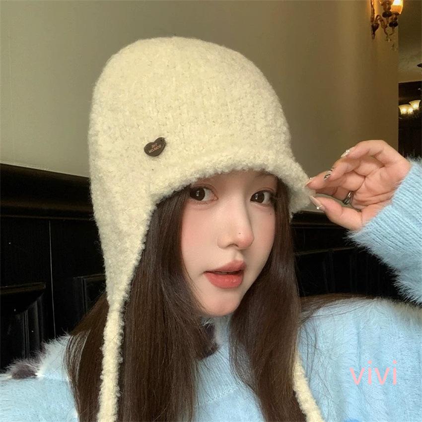 Soft waxy seam buckle small standard wool blended knitted ear protection hat autumn and winter versatile lace-up warm and cold-proof flying hat
