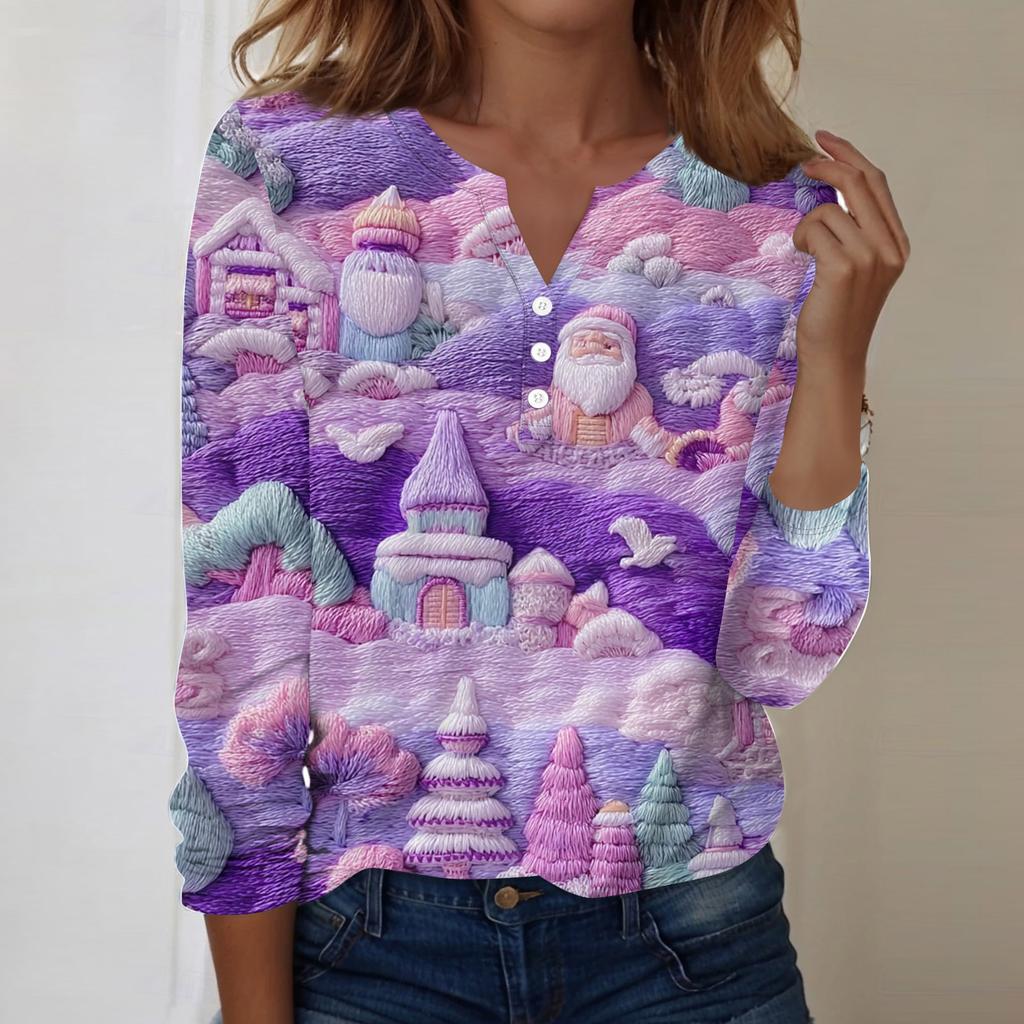 Women's Fashion Casual V-Neck Long Sleeve Decorative Button Christmas Print Top