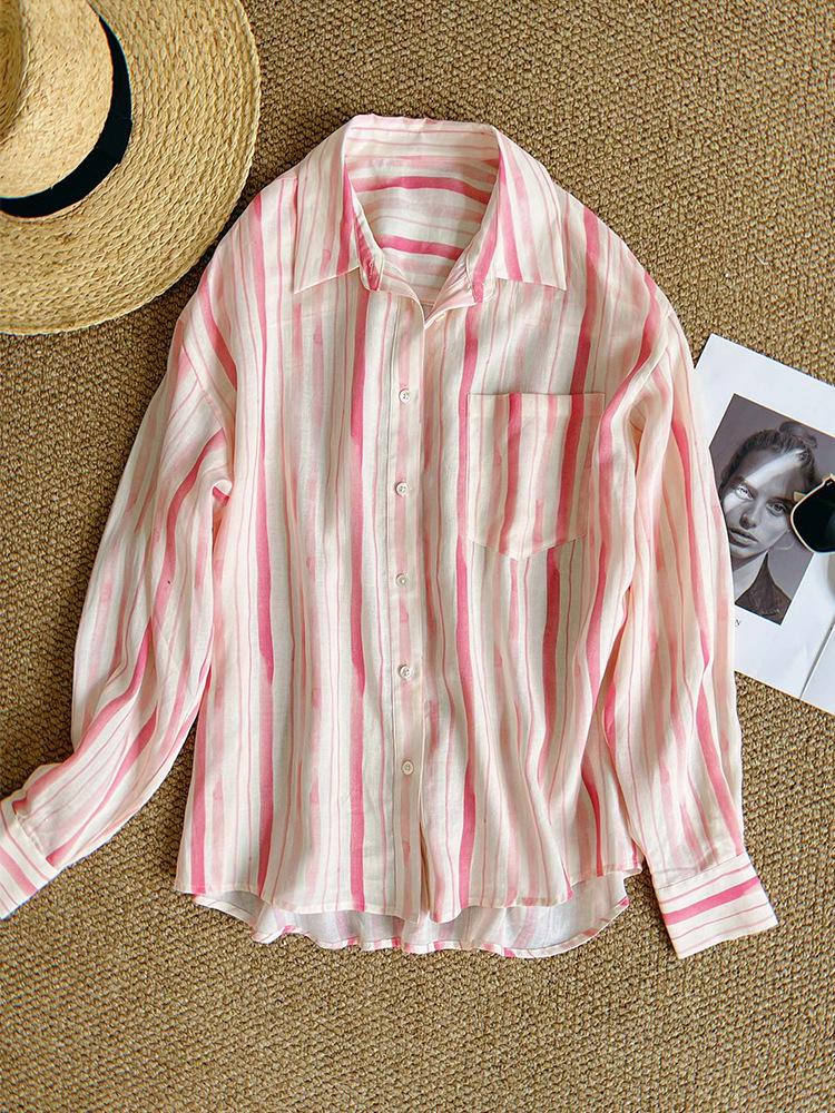 Si Yuan Women s Pink Striped Tencel Linen Shirt - Spring/Summer 2026: Short Front, Long Back, Lapel Collar Medium