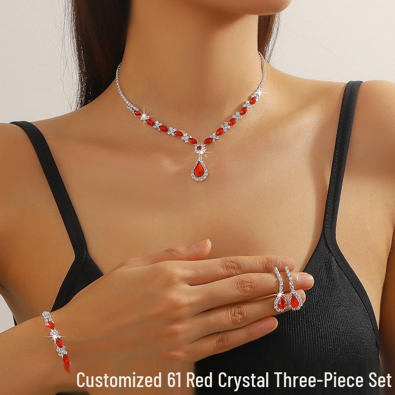 European & American Fashion Blue Crystal Necklace, Earrings & Bracelet Set - Hot Selling Three-Piece Full Diamond Design
