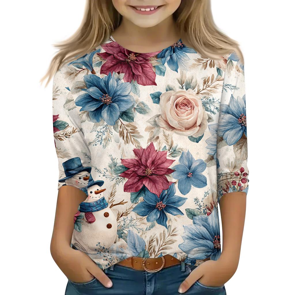 Vánoční potisk Topů pro dospívající dívky 4-11 let Kulatý výstřih 3/4 rukávy Módní topy Outfit Trička