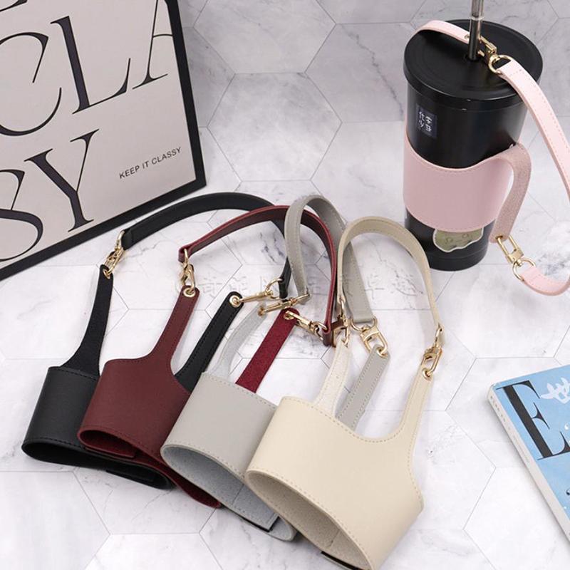 Leather Cup Cover Pouch Portable Water Bottle Sleeve Bag Leather Carrying Strap Insulating Cups Milk Tea Coffee Cups Accessories