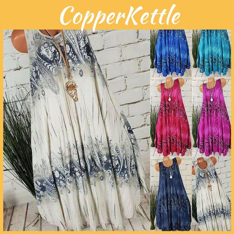 Comfortable Plus Size Women's Summer Sleeveless Floral Print Midi Dress For Casual Beach Wear