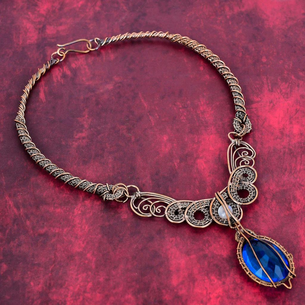 Faceted London Blue Topaz Gemstone Necklace Copper Wire Wrapped Necklace Handmade Jewelry Rainbow Moonstone Necklace Copper Jewelry for Gift