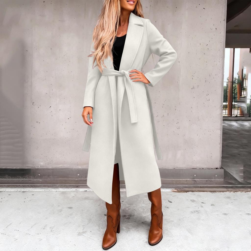 Damen Casual Mode Einfarbig Langärmlig V-Ausschnitt Bindegürtel Langer Wollmantel