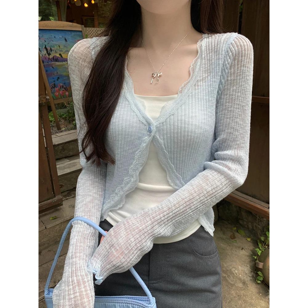 Lace Trim One Button Long Sleeve Crop Top Women Short Sleeve Open Front Ribbed Knit Cardigan Sweater Summer Fairycore Outfit